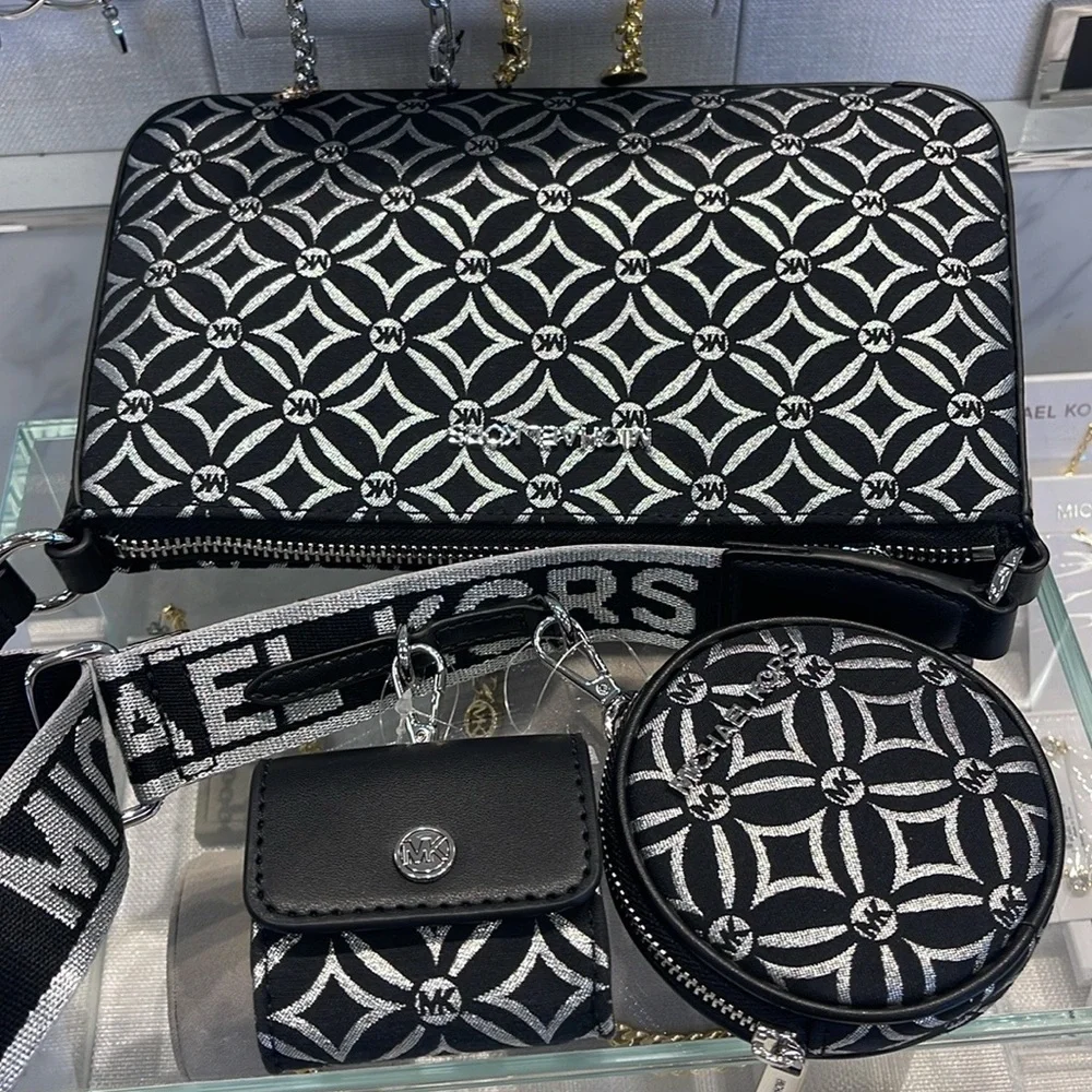 MICHAEL KORS Jet Set Travel Small Logo Jacquard Crossbody With Tech Attach - BLK - Picture 14 of 16